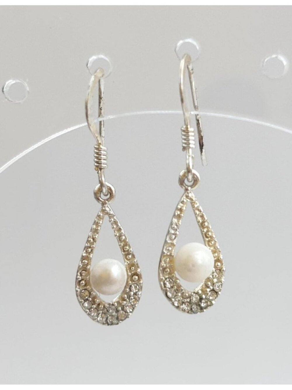 Cultured Pearl Accented Teardrop Dainty Sterling Silver 925 Vintage Earrings
